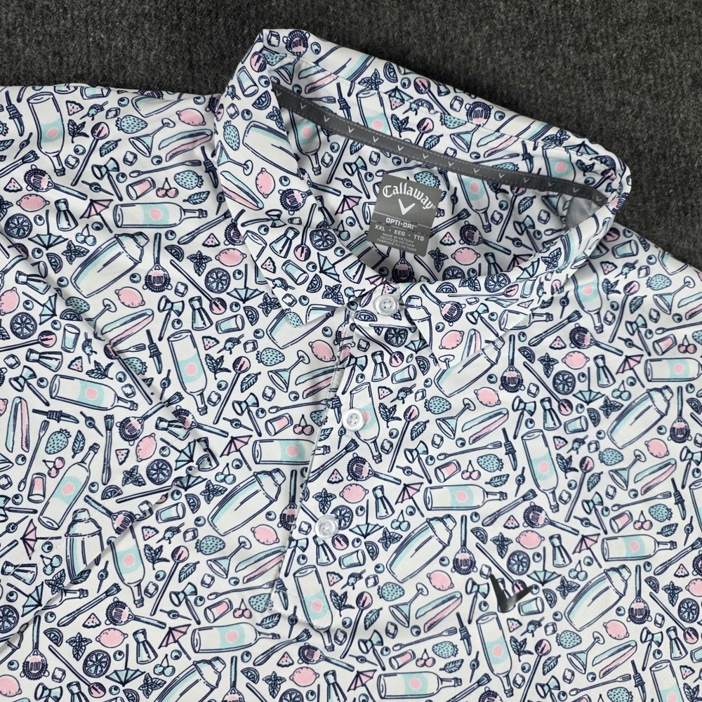 Callaway Polo Shirt Mens XXL White Cocktail All Over Print Opti-Dri Golfcore - Picture 1 of 8